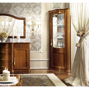 Estila Luxusní italská rohová vitrína Sensuale s LED světlem v rustikálním stylu slonovinová nebo ořechová barva 208 cm