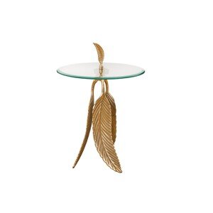 Estila Art-deco kulatý příruční stolek Pluma se skleněnou vrchní deskou a podstavou s designem pírek ve zlaté barvě 45 cm