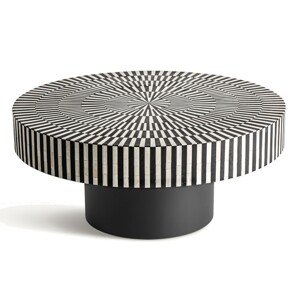 Estila Luxusný art deco čierno biely okrúhly konferenčný stolík Caderina s ozdobnou intarziou s motívom lúčov 80 cm