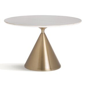 Estila Luxusní art deco bílý kulatý jídelní stůl Cronos s kamennou vrchní deskou a zlatou nohou 120 cm