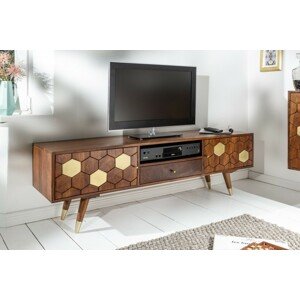 Estila Masivní TV stolek Roslin z akáciového dřeva s organickým designem a zlatými prvky 140cm
