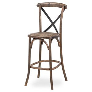 Estila Venkovská hnědá dubová barová židle Nigo s překříženým černým kovovým opěradlem 114cm