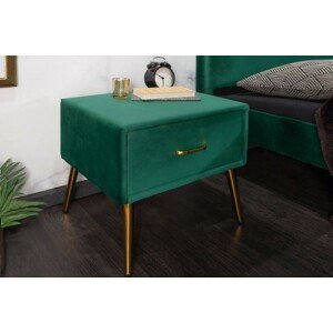 Estila Art-deco noční stolek Ribble ze smaragdových sametu se zlatými prvky 45cm