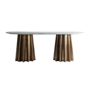 Estila Art-deco zlatý jídelní stůl Leze s oválnou mramorovou deskou v bledém odstínu 200cm