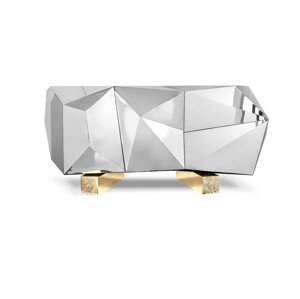 Estila Luxusní stříbrný příborník s lesklým povrchem as pozlacenýma mosaznýma nohama s odlévaným detailem Diamond Pyrite 185 cm