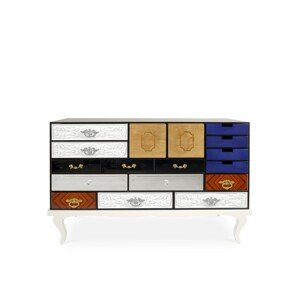 Estila Luxusní moderní komoda Mondrian z lakovaného masivního dřeva s 15ti designovými zásuvkami a dvěma dvířky 140cm