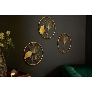 Estila Moderní set florálních kulatých nástěnných kovových dekorací Biloba II zlaté barvy 40cm