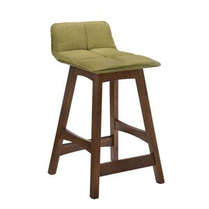 Estila Designová barová židle Nordica Nogal z ořechově hnědého masivního dřeva s nízkou opěrkou v zeleném čalounění 77cm