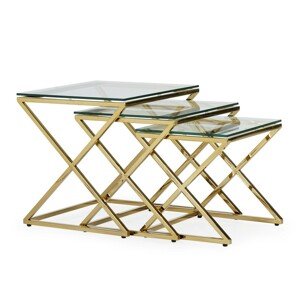Estila Art deco set tří skleněných příručních stolků Brilia s kovovou konstrukcí lesklé zlaté barvy