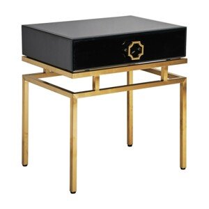Estila Art-deco černý noční stolek Gasol v luxusním skleněném provedení se šuplíkem a kovovými nožičkami ve zlaté barvě 60cm
