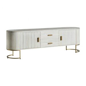 Estila Luxusní art deco TV stolek Sedge z mangového dřeva bílé barvy se zlatou kovovou konstrukcí 200cm