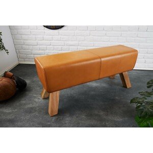 Estila Designová lavice Sodor z pravé kůže v koňakové hnědé barvě s dřevěnýma nohama 100cm