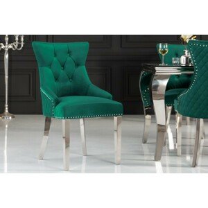 Estila Zámecká stylová jídelní židle Eleanor se sametovým smaragdově zeleným čalouněním a stříbrnými nohami 94cm